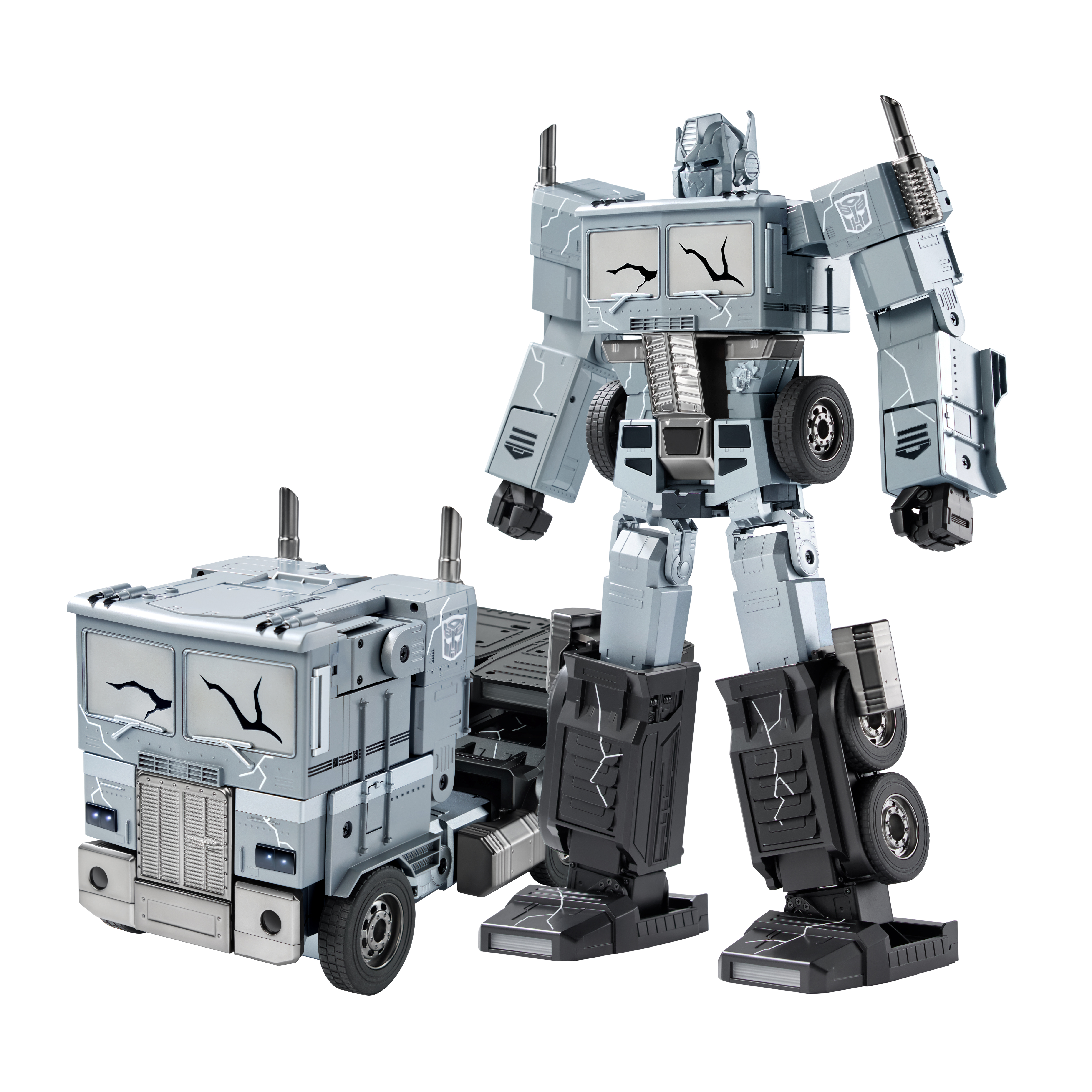 An image of the Robosen Fallen Leader Optimus Prime in both robot and vehicle mode.