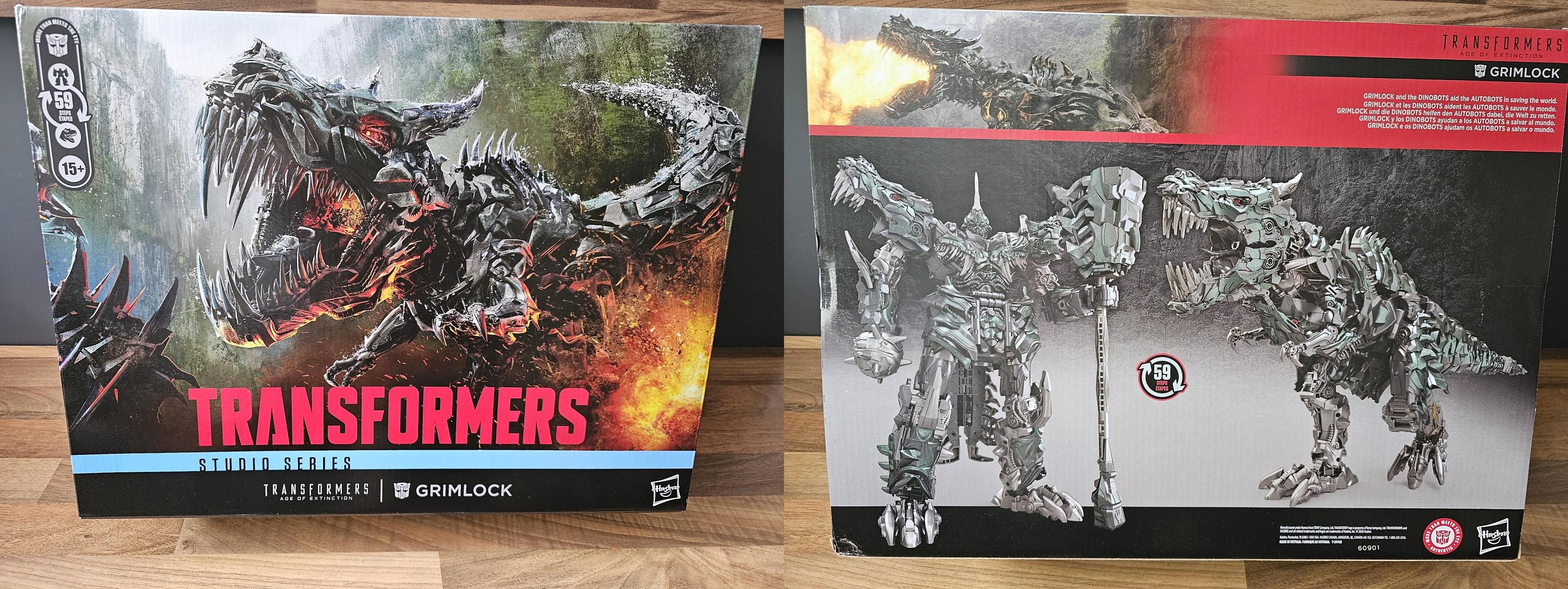 A picture of the front and back of the Titan Class Age of Extinction Grimlock box. The front shows art of the movie Grimlock in dino mode, and the back shows the figure in both root mose and dino mode