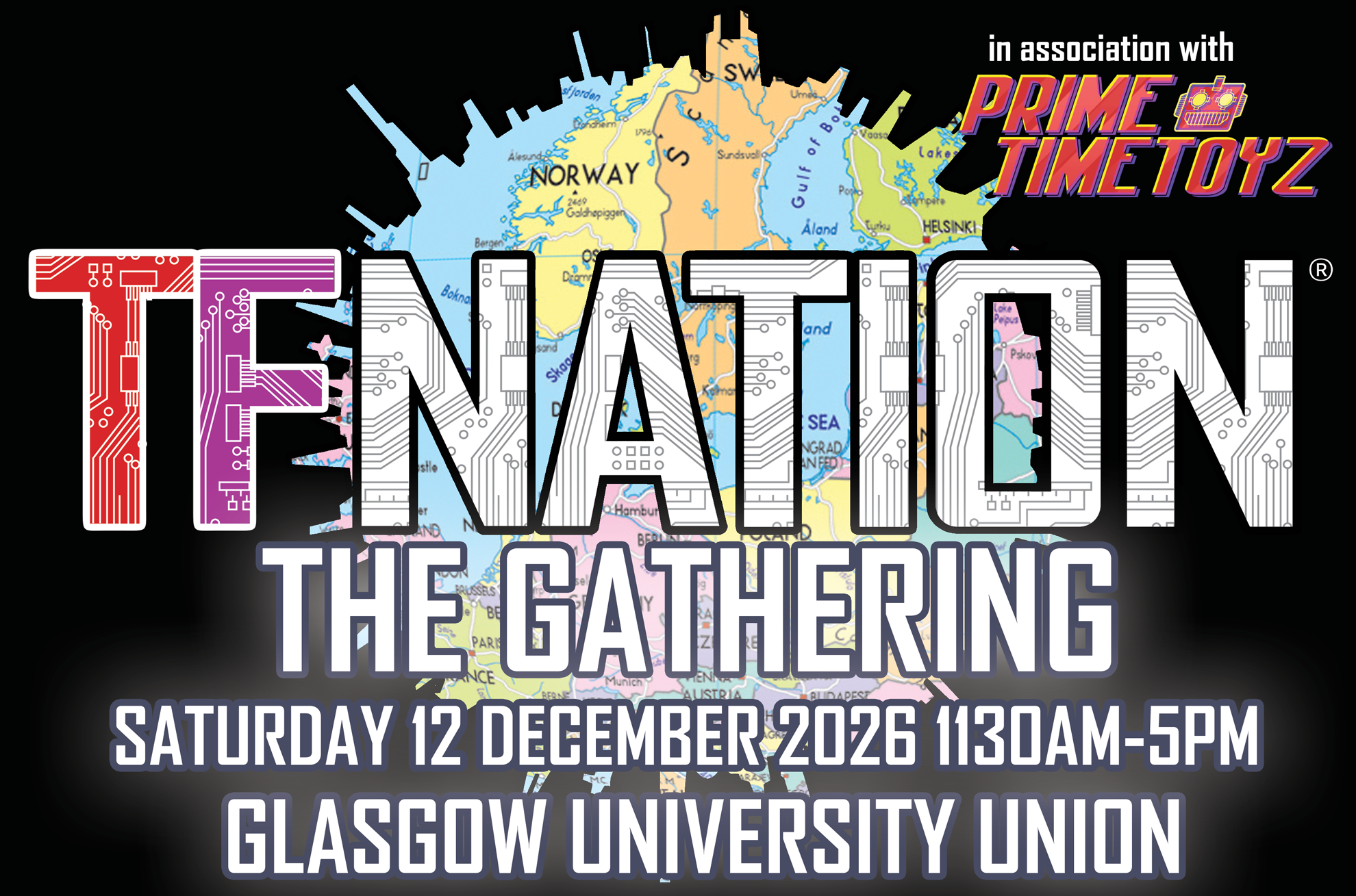 A graphic banner which reads TFNation, The Gathering. Saturday 12th December 2026. Glasgow University Union. In the top right corner reads in association with Prime Time Toyz