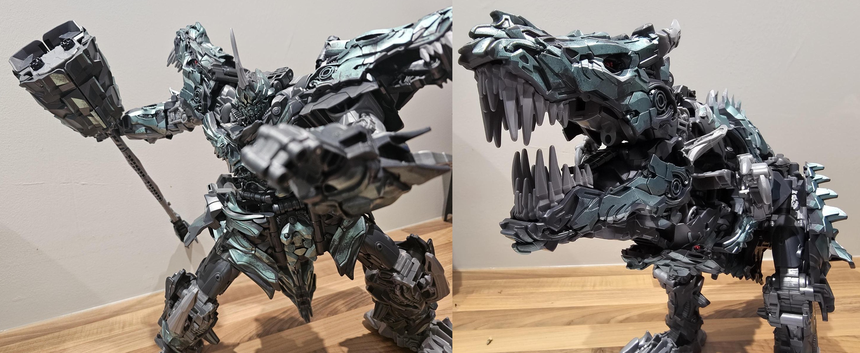 Two pictures within the same image. The picture on the left shows Grimlock in his root mode posed, the picture on the right shows Grimlock in his dino mode close up to the camera